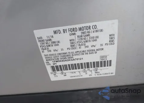 2019 Ford Explorer Xlt z USA, uszkodzony, nr VIN 1FM5K8D82KGA70121